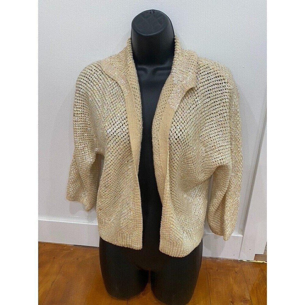 Stanley Korshak Sz S Sequins Collar Cardigan Blazer Beaded Formal Sparkle Cream